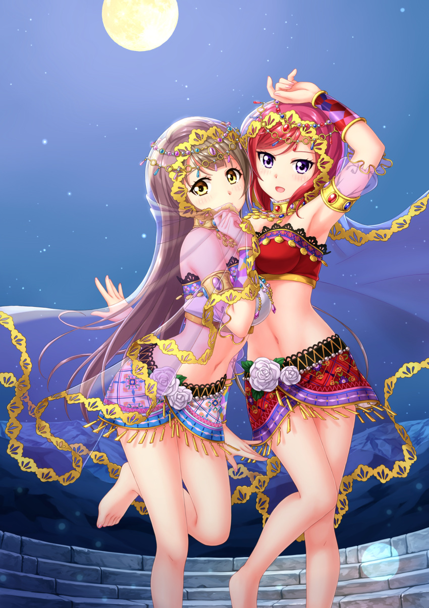 2girls :d arm_up armpits barefoot blush breasts brown_hair choker detached_sleeves feet full_moon hair_between_eyes highres large_breasts long_hair looking_at_viewer love_live! love_live!_school_idol_festival love_live!_school_idol_project medium_breasts midriff minami_kotori miniskirt moon multiple_girls navel night nishikino_maki one_leg_raised open_mouth outdoors red_skirt redhead see-through short_hair skirt sky smile stairs star_(sky) starry_sky stomach tucana very_long_hair violet_eyes yellow_eyes