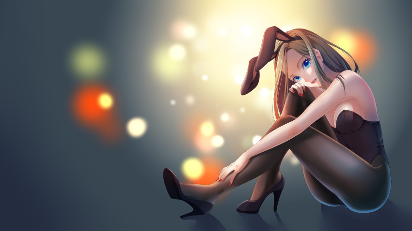 1girl absurdres animal_ears bare_shoulders black_legwear black_shoes blue_eyes breasts brown_hair bunny_girl bunnysuit cleavage detached_collar fake_animal_ears full_body hand_on_own_knee hand_on_own_leg high_heels highres leotard long_hair looking_at_viewer medium_breasts nail_polish original pantyhose rabbit_ears red_nails shoes sitting solo wallpaper you_hu_xiao_lang