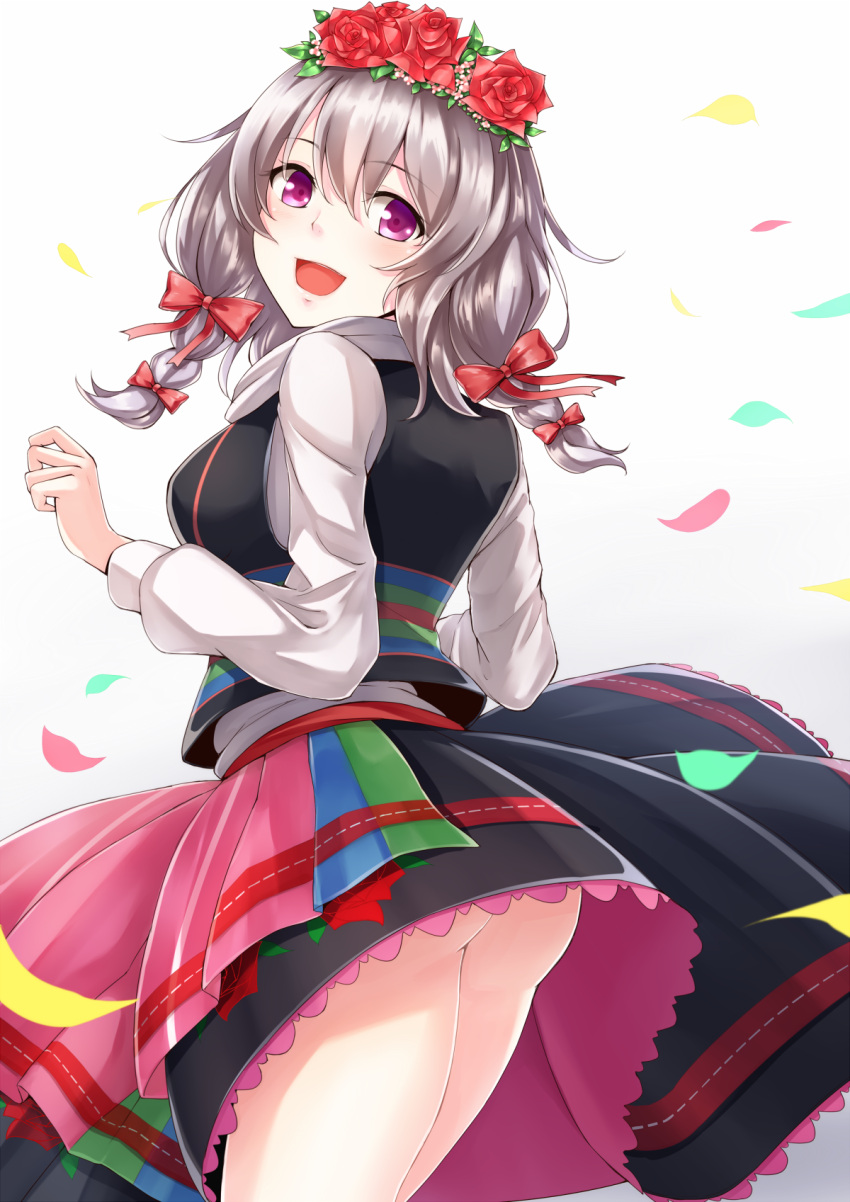 1girl :d ass blush bow braid cowboy_shot dabadhi flower frilled_skirt frills from_behind hair_between_eyes hair_bow hair_flower hair_ornament highres long_sleeves looking_at_viewer looking_back malbork_(oshiro_project) multicolored multicolored_clothes multicolored_skirt no_panties open_mouth oshiro_project oshiro_project_re puffy_long_sleeves puffy_sleeves red_bow red_rose rose shirt silver_hair skirt smile solo twin_braids vest violet_eyes white_shirt
