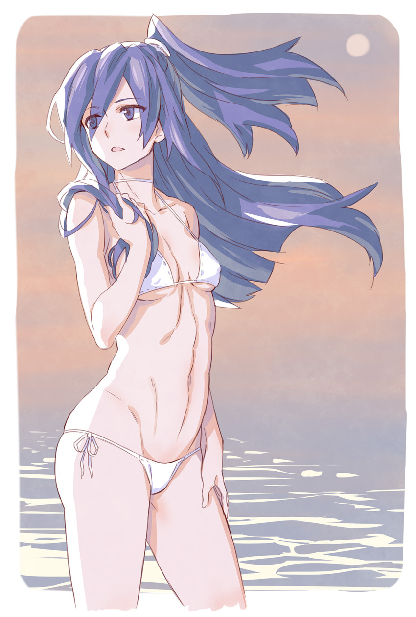 10s 1girl abs bikini blue_eyes blue_hair breasts commentary_request cropped_legs eyes_visible_through_hair halterneck hand_on_own_chest highres kazanari_tsubasa long_hair looking_away murakami_hisashi navel one_side_up open_mouth ponytail senki_zesshou_symphogear side-tie_bikini small_breasts solo string_bikini swimsuit under_boob white_bikini wind