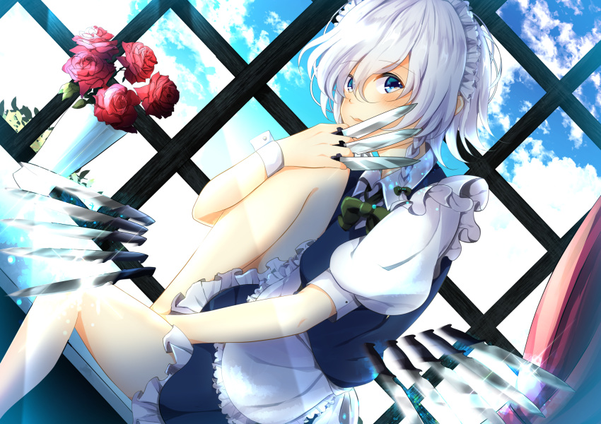 1girl apron between_fingers between_legs blue_eyes blue_sky braid clouds commentary_request curtains day dutch_angle flower hand_between_legs highres indoors izayoi_sakuya knee_to_chest knife leg_hug looking_at_viewer maid_headdress miri_(miri0xl) parted_lips puffy_short_sleeves puffy_sleeves red_rose rose short_hair short_sleeves side_glance silver_hair sitting skirt skirt_set sky solo touhou twin_braids vase waist_apron window windowsill wrist_cuffs