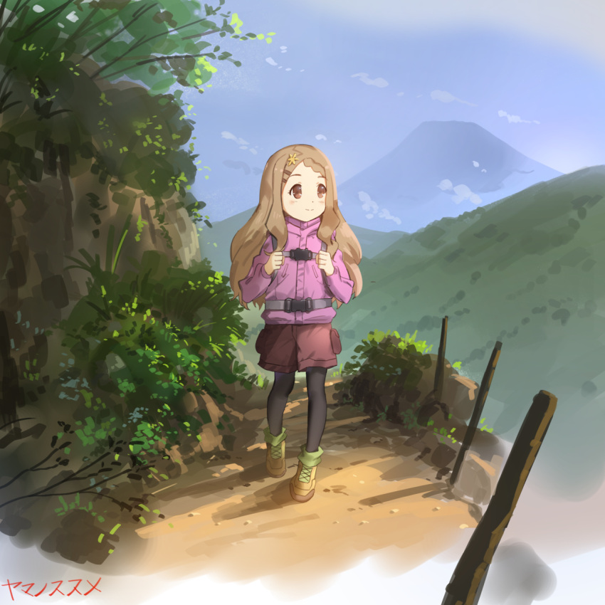 1girl aoba_kokona brown_eyes brown_hair copyright_name flower full_body hair_flower hair_ornament hairclip highres katakana light_smile long_hair mountain outdoors path plant road scenery sendrawz sky solo yama_no_susume