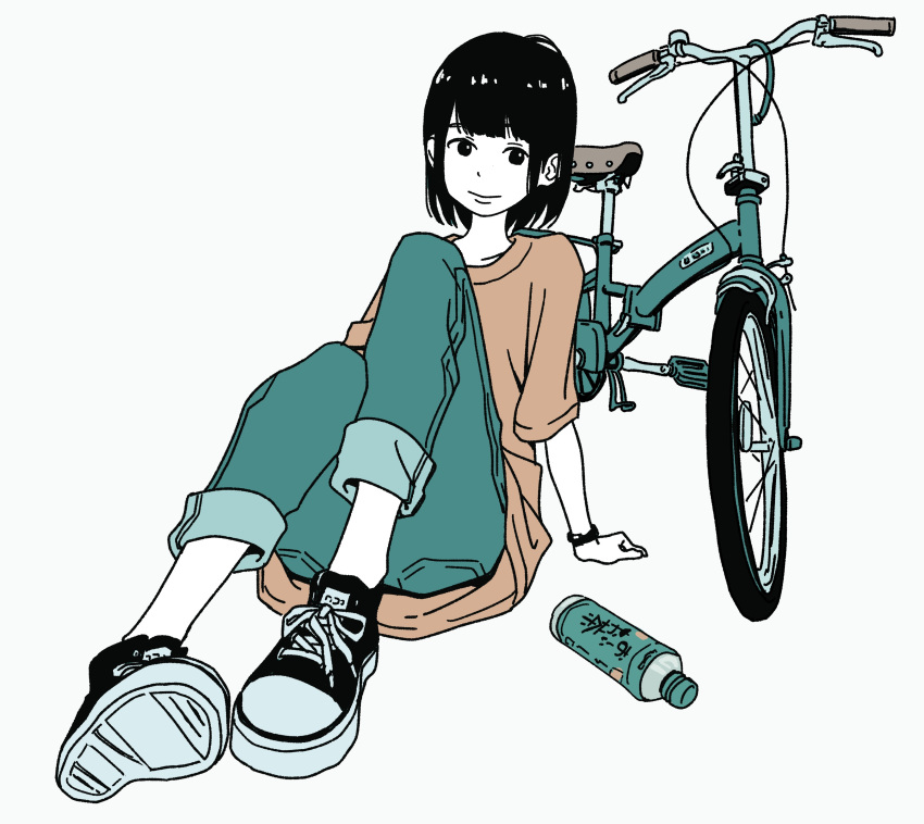 1girl absurdres aqua_pants arm_support bicycle black_eyes black_hair bottle bracelet brown_shirt closed_mouth commentary_request converse flat_color full_body ground_vehicle highres hosoo jewelry original pants shirt shoes short_hair simple_background sitting smile sneakers solo white_background white_skin