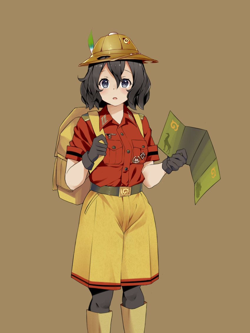 1girl backpack bag black_eyes black_gloves black_hair black_legwear blush bonkiru bucket_hat feathers gloves hat highres japari_symbol kaban_(kemono_friends) kemono_friends looking_at_viewer open_mouth pantyhose short_hair solo wavy_hair