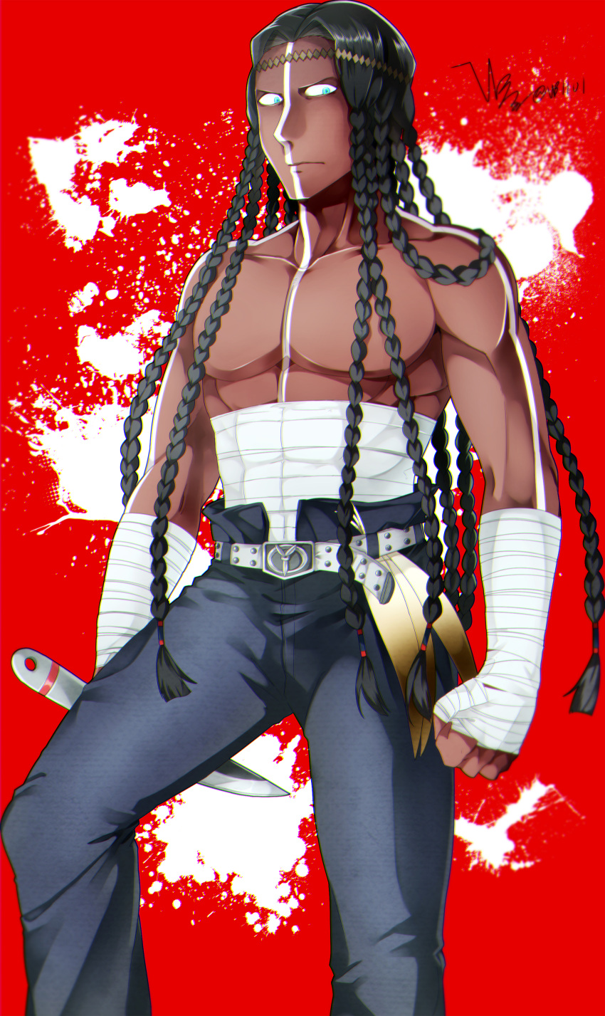 1boy abs absurdres artist_name bandage belt blue_eyes braid brown_hair circlet fate/grand_order fate_(series) feathers geronimo_(fate/grand_order) highres knife long_hair male_focus red_background shirtless simple_background solo tattoo upper_body vandyke_brown