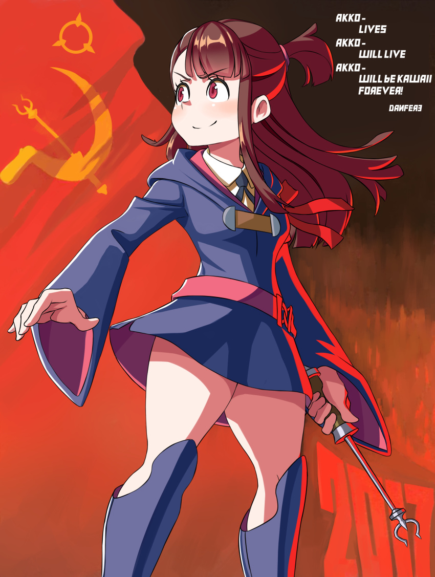 1girl absurdres artist_name bangs blunt_bangs blush boots brown_hair collared_shirt communism danfer3 dress english highres kagari_atsuko little_witch_academia long_hair long_sleeves looking_to_the_side red_eyes shirt short_dress sidelocks solo soviet_flag text thick_thighs thighs wand wide_sleeves
