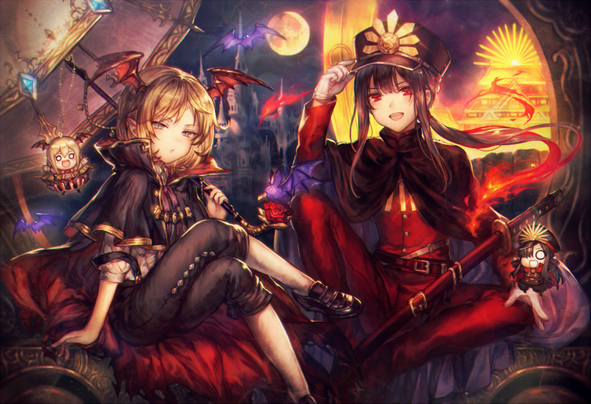 2boys adjusting_clothes adjusting_hat arm_support bat bat_wings black_hair black_legwear black_skirt blonde_hair blue_eyes cape capelet character_doll collared_shirt commentary_request couch demon_archer fang fate/grand_order fate_(series) frilled_skirt frills full_moon gloves granblue_fantasy hat head_wings highres koha-ace legs_crossed long_hair long_sleeves looking_at_viewer military military_hat military_uniform moon multiple_boys night night_sky oda_nobukatsu_(fate/grand_order) open_mouth pointy_ears ponytail red_eyes shadowverse shigaraki_(strobe_blue) shingeki_no_bahamut shirt short_hair sidelocks sitting skirt sky umbrella uniform vampire vampy veight white_gloves white_shirt wings