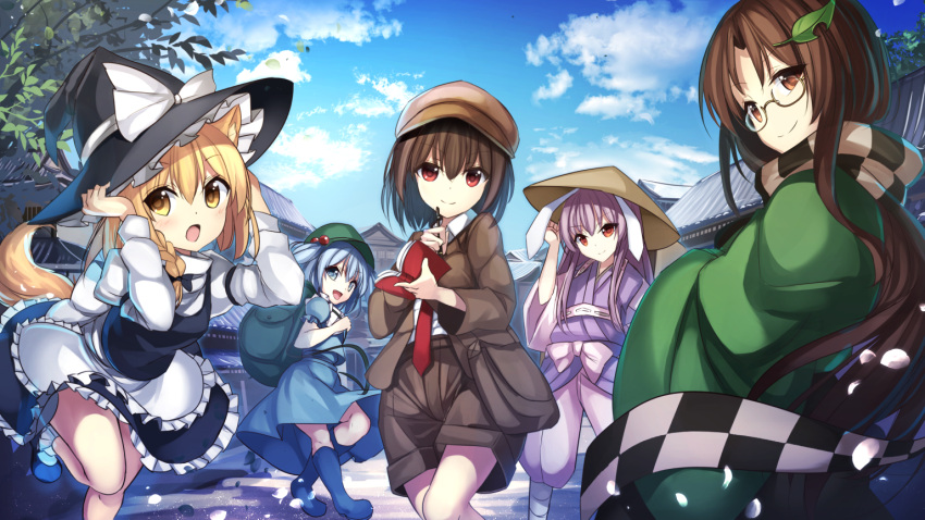 5girls :d ajirogasa animal_ears apron arm_garter backpack bag bangs blue_sky blush bow brown-framed_eyewear cabbie_hat cat_ears cat_tail checkered_scarf closed_mouth clouds day dress flat_cap forbidden_scrollery futatsuiwa_mamizou futatsuiwa_mamizou_(human) glasses hair_between_eyes hair_ornament hat hat_bow janne_cherry japanese_clothes juliet_sleeves kawashiro_nitori kemonomimi_mode kirisame_marisa leaf_hair_ornament leg_up long_sleeves looking_at_viewer multiple_girls open_mouth outdoors puffy_sleeves reisen_udongein_inaba sash scarf semi-rimless_glasses shameimaru_aya shorts sky smile standing suit_jacket tail touhou twintails under-rim_glasses waist_apron wide_sleeves witch_hat youkai_fox_(wild_and_horned_hermit)