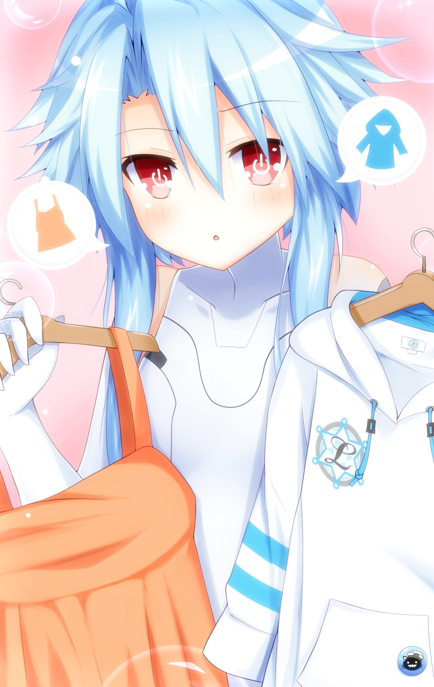 1girl absurdres ahoge badge bare_shoulders blanc blue_hair blush button_badge collarbone dress elbow_gloves flat_chest gloves haru_blanc0316 highres hood hooded_jacket jacket leotard light_blue_hair looking_at_viewer neptune_(series) open_mouth parted_lips pink_background power_symbol red_eyes shin_jigen_game_neptune_vii shiny short_hair short_hair_with_long_locks sidelocks simple_background solo speech_bubble symbol-shaped_pupils tight white_heart white_leotard