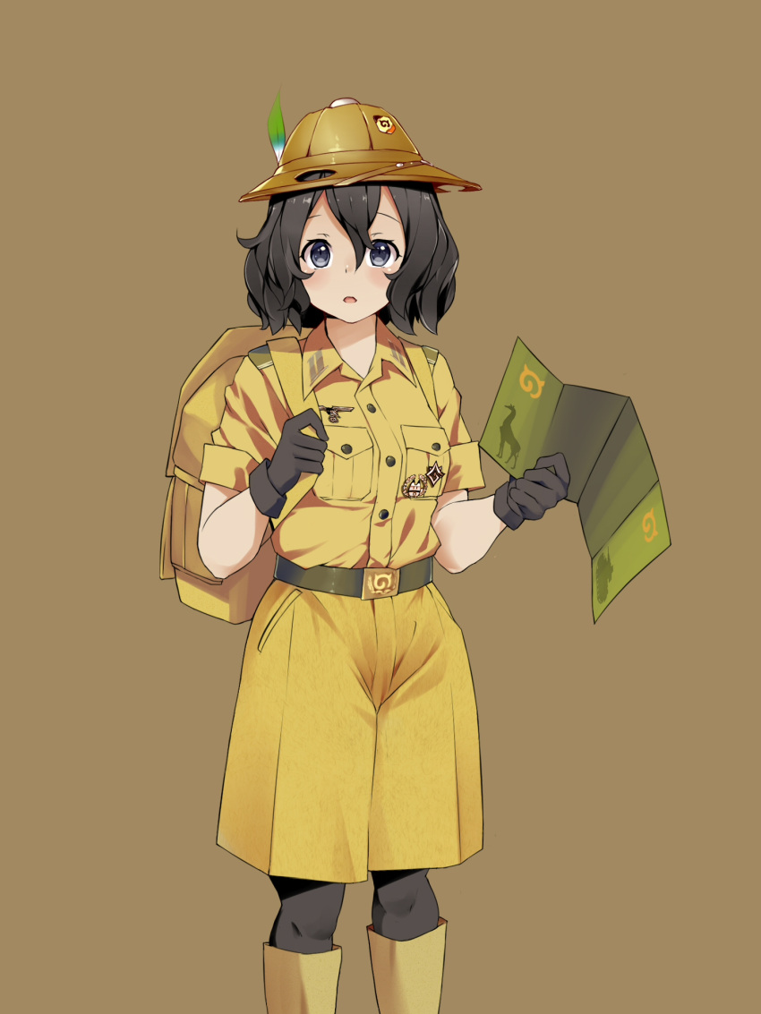 1girl backpack bag black_eyes black_gloves black_hair black_legwear blush bonkiru bucket_hat feathers gloves hat highres japari_symbol kaban_(kemono_friends) kemono_friends looking_at_viewer open_mouth pantyhose short_hair solo wavy_hair