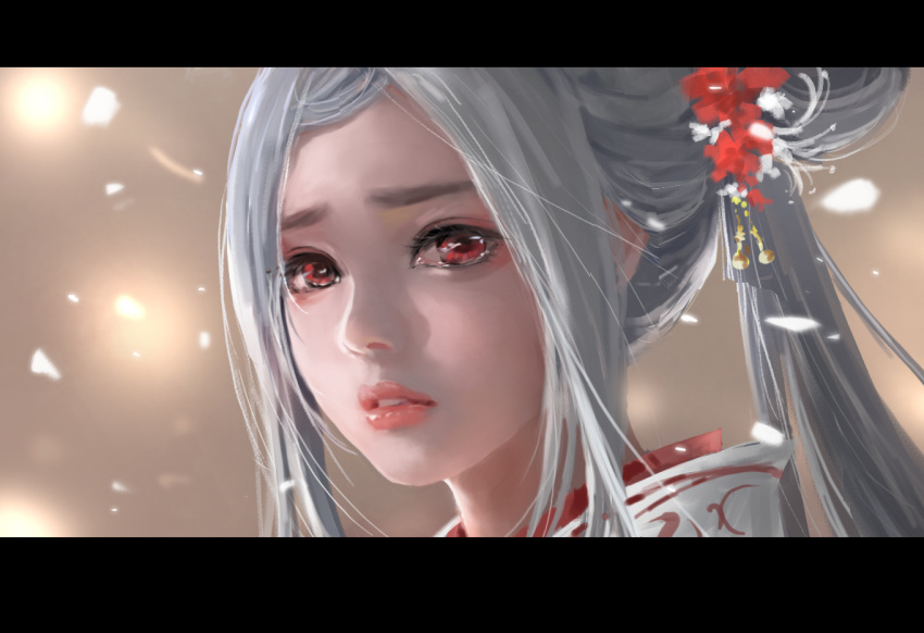 alternate_hairstyle blurry blurry_background close-up face flower fujiwara_no_mokou hair_flower hair_ornament hair_rings japanese_clothes kimono letterboxed light_particles lips long_hair original parted_lips ponytail red_eyes red_lips shangguan_feiying sidelocks tears upper_body white_hair