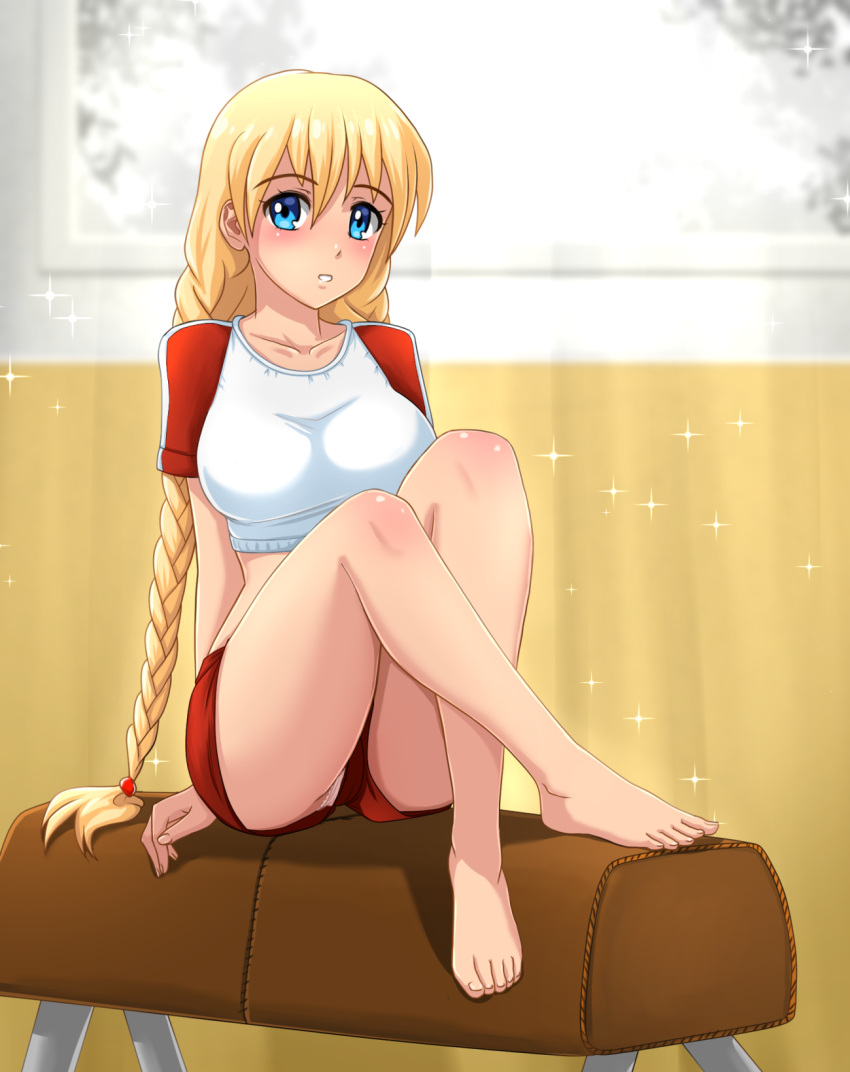 1girl bare_legs barefoot blonde_hair blue_eyes braid breasts buruma collarbone crop_top everlasting_summer eyebrows_visible_through_hair feet full_body gym_uniform hair_between_eyes highres huyase legs_crossed long_hair looking_at_viewer medium_breasts panties panty_peek pink_panties raglan_sleeves red_buruma sitting slavya-chan solo sparkle thighs toes twin_braids underwear vaulting_horse very_long_hair