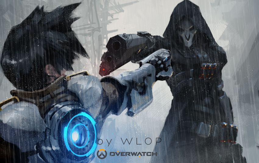 1boy 1girl aiming arm_at_side arm_guards armor artist_name belt black_gloves black_hair cloak commentary copyright_name gloves glowing grey_background gun harness holding holding_gun holding_weapon hood hood_up hooded_cloak mask outstretched_arm overwatch rain reaper_(overwatch) short_hair shoulder_pads tracer_(overwatch) upper_body weapon wlop