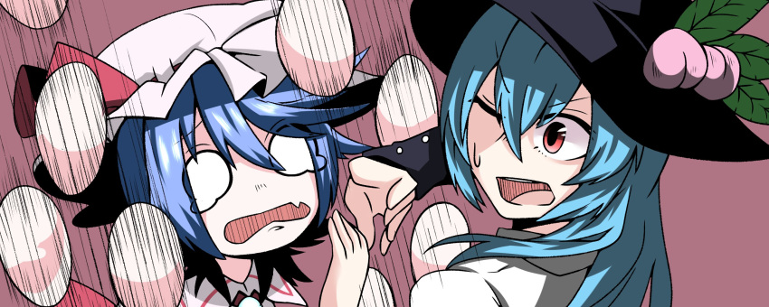 2girls blocking blue_hair close-up collared_shirt commentary crying crying_with_eyes_open d: d;&lt; dress fang food food_on_head fruit fruit_on_head hat highres hinanawi_tenshi hitting kakegami long_hair mob_cap motion_lines multiple_girls object_on_head open_mouth peach purple_hair red_eyes remilia_scarlet shirt short_hair tears touhou very_long_hair
