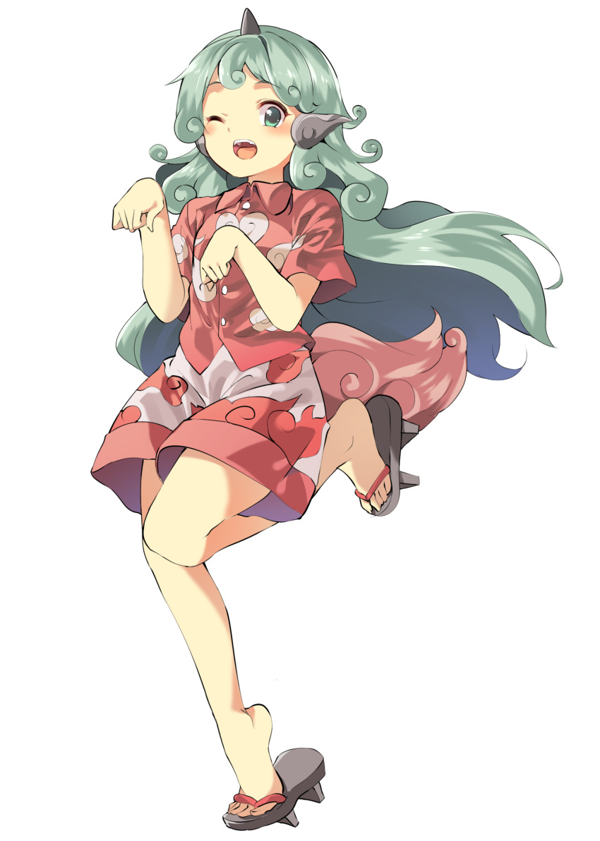 1girl absurdres animal_ears bare_legs blush buttons cloud_print dancing full_body geta green_eyes green_hair hasebe_yuusaku highres horn komano_aunn long_hair looking_at_viewer one_eye_closed paw_pose red_shirt sandals shirt shorts simple_background smile solo standing standing_on_one_leg tail teeth touhou white_background