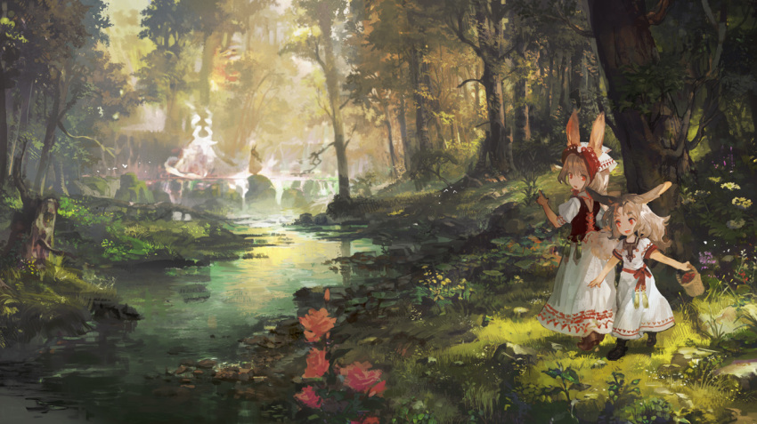 2girls animal_ears basket boots brown_hair chibi_(shimon) dress eyebrows_visible_through_hair flower forest headdress long_hair looking_at_another looking_back multiple_girls nature open_mouth original outdoors pointing puffy_short_sleeves puffy_sleeves red_eyes river sash scenery short_sleeves tree walking water waterfall
