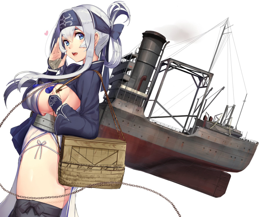 1girl akasaai ass bag black_legwear blue_eyes breasts chains dress dutch_angle eyebrows_visible_through_hair fingerless_gloves from_side gloves hair_between_eyes headband heart highres japanese_clothes kamoi_(kantai_collection) kantai_collection large_breasts looking_at_viewer obi open_mouth panties sash short_hair_with_long_locks shoulder_bag side-tie_panties side_slit sideboob silver_hair simple_background solo string_panties thick_eyebrows thigh-highs tied_hair underbust underwear white_background