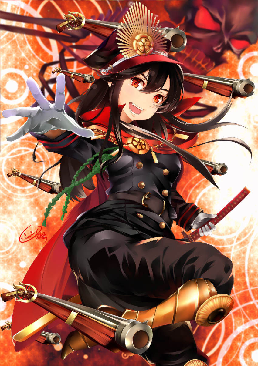 1girl absurdres antique_firearm bangs belt black_hair black_hat black_pants boots brown_eyes buttons cape cekonikova chains demon_archer eyebrows fate/grand_order fate_(series) firearm floating_weapon gloves gun hair_between_eyes hat highres holding holding_sword holding_weapon jpeg_artifacts legs_up long_hair long_sleeves looking_at_viewer military military_uniform oda_nobunaga open_mouth pants peaked_cap pointing pointing_at_viewer red_cape signature skull solo sword teeth uniform weapon white_gloves