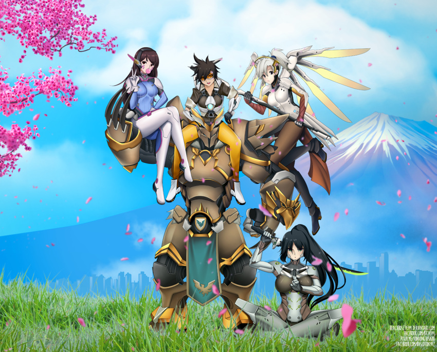 1boy 4girls alternate_costume alternate_eye_color alternate_hair_color animal_print armor balderich_reinhardt bangs black_eyes black_hair blue_sky bodysuit bomber_jacket breasts brown_eyes brown_hair brown_jacket brown_legwear bubble_blowing bunny_print carrying cherry_blossoms chewing_gum cityscape clouds commentary cyborg d.va_(overwatch) drawing_sword facepaint facial_mark faulds full_armor full_body genderswap genderswap_(mtf) genji_(overwatch) gloves goggles grass green_eyes harness headphones high_collar high_ponytail holding holding_staff indian_style jacket large_breasts leather leather_jacket legs_crossed long_hair looking_at_viewer mechanical_halo mechanical_wings medium_breasts mercy_(overwatch) mount_fuji mountain multiple_girls open_mouth orange_bodysuit outdoors overwatch pants pelvic_curtain petals pilot_suit ponytail pose power_armor reinhardt_(overwatch) ribbed_bodysuit short_hair shoulder_carry shoulder_pads silver_hair sitting skin_tight sky smile spiky_hair spread_wings staff standing swept_bangs sword tight tight_pants tony_guisado tracer_(overwatch) tree_branch v watermark weapon web_address whisker_markings white_gloves wings yellow_wings