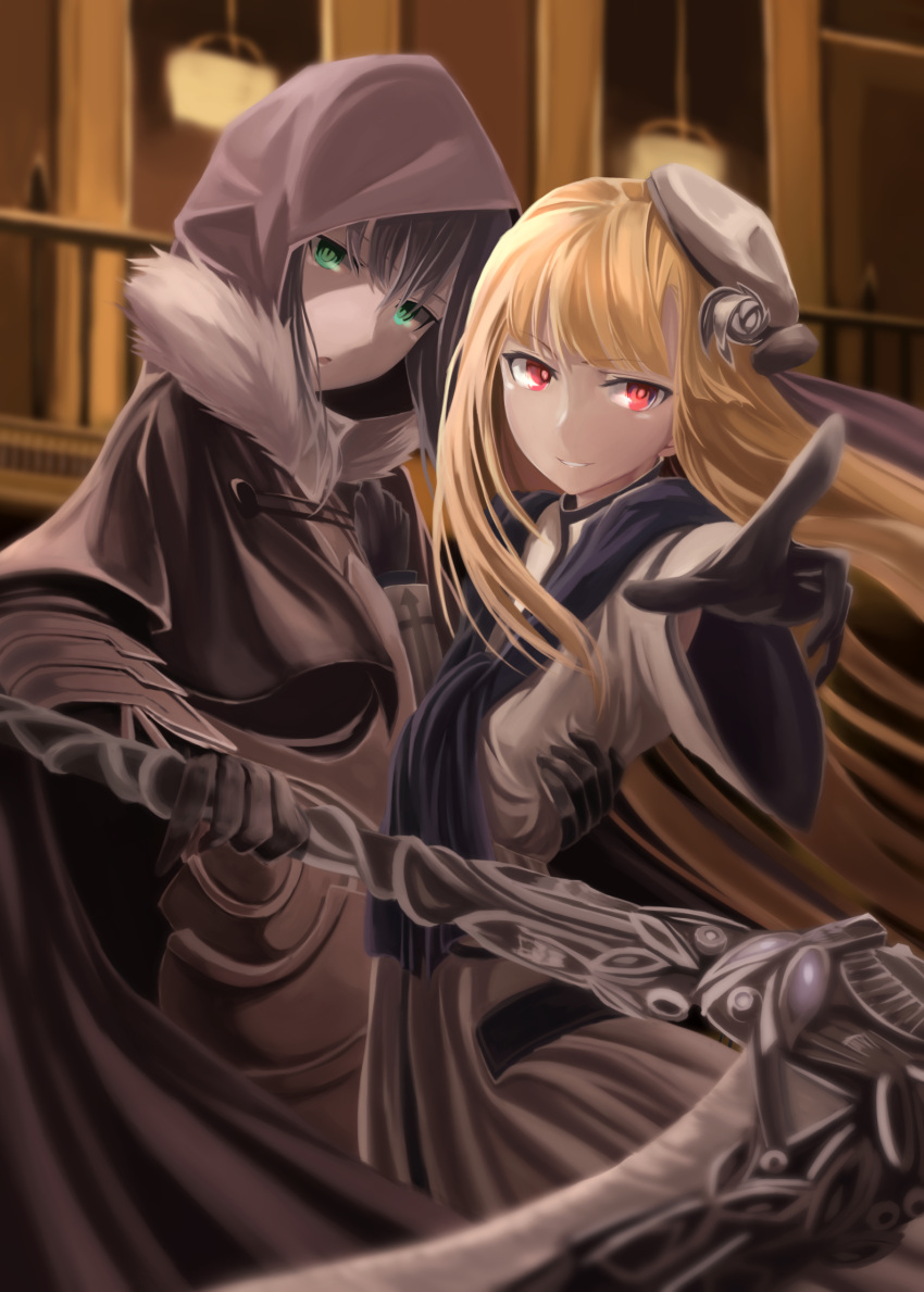 &gt;:d 2girls :d :o absurdres arm_around_waist arm_guards armor ass bangs beret black_gloves blonde_hair blunt_bangs blurry blurry_background bonnet cloak depth_of_field dress expressionless eyebrows_visible_through_hair fate_(series) female foreshortening fur_collar gloves gray_(lord_el-melloi_ii) green_eyes grey_hair grin hat head_tilt highres holding holding_weapon hood hood_up hooded_cloak hug huge_ass jitome long_hair long_sleeves looking_at_viewer lord_el-melloi_ii_case_files mini_hat mukade_(siieregannsu) multiple_girls open_mouth outstretched_arm pale_skin parted_lips pointing pointing_at_viewer railing red_eyes reines_archisorte_el-melloi scarf scythe short_sleeves smile tsurime very_long_hair weapon white_dress white_hat