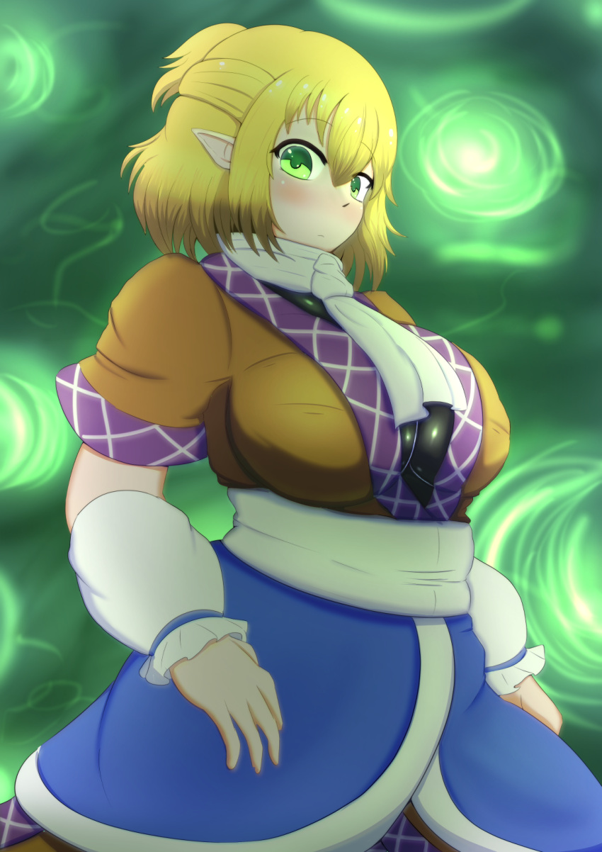 1girl belly blonde_hair blush breasts commentary frown green_eyes guroo_(shine119) half_updo highres large_breasts mizuhashi_parsee plump pointy_ears robe sash scarf solo touhou undershirt