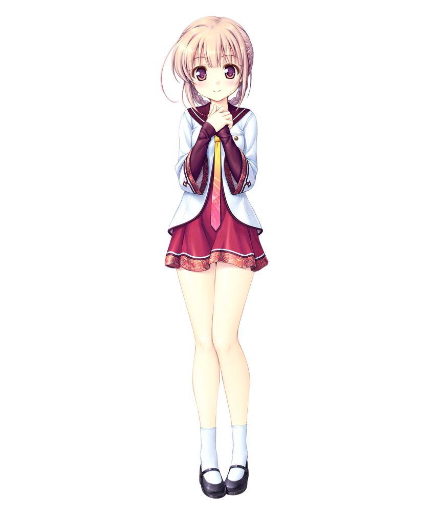 1girl bangs bekkankou blush brown_eyes brown_hair detached_sleeves dress eyebrows_visible_through_hair full_body hands_together highres looking_at_viewer necktie official_art school_uniform sen_no_hatou_tsukisome_no_kouki shoes short_dress short_hair smile socks solo standing tokita_kanami transparent_background white_legwear