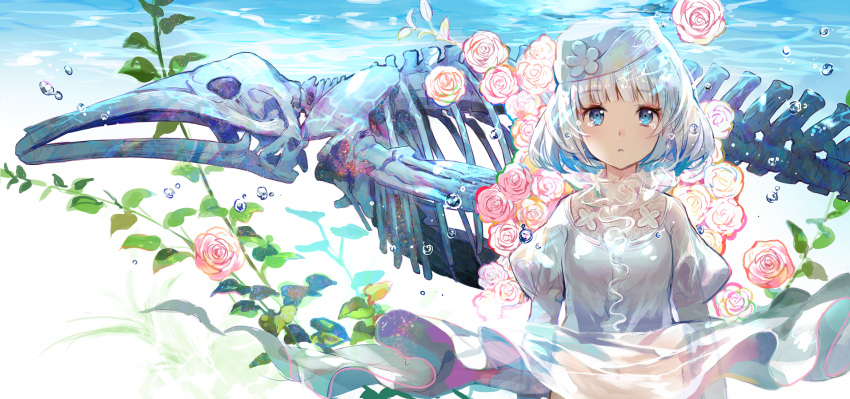 1girl bangs blue_eyes blush bone bubble dress eyebrows_visible_through_hair flower fossil fuji_choko hat highres long_sleeves looking_at_viewer original short_hair solo tears white_dress white_hair white_hat