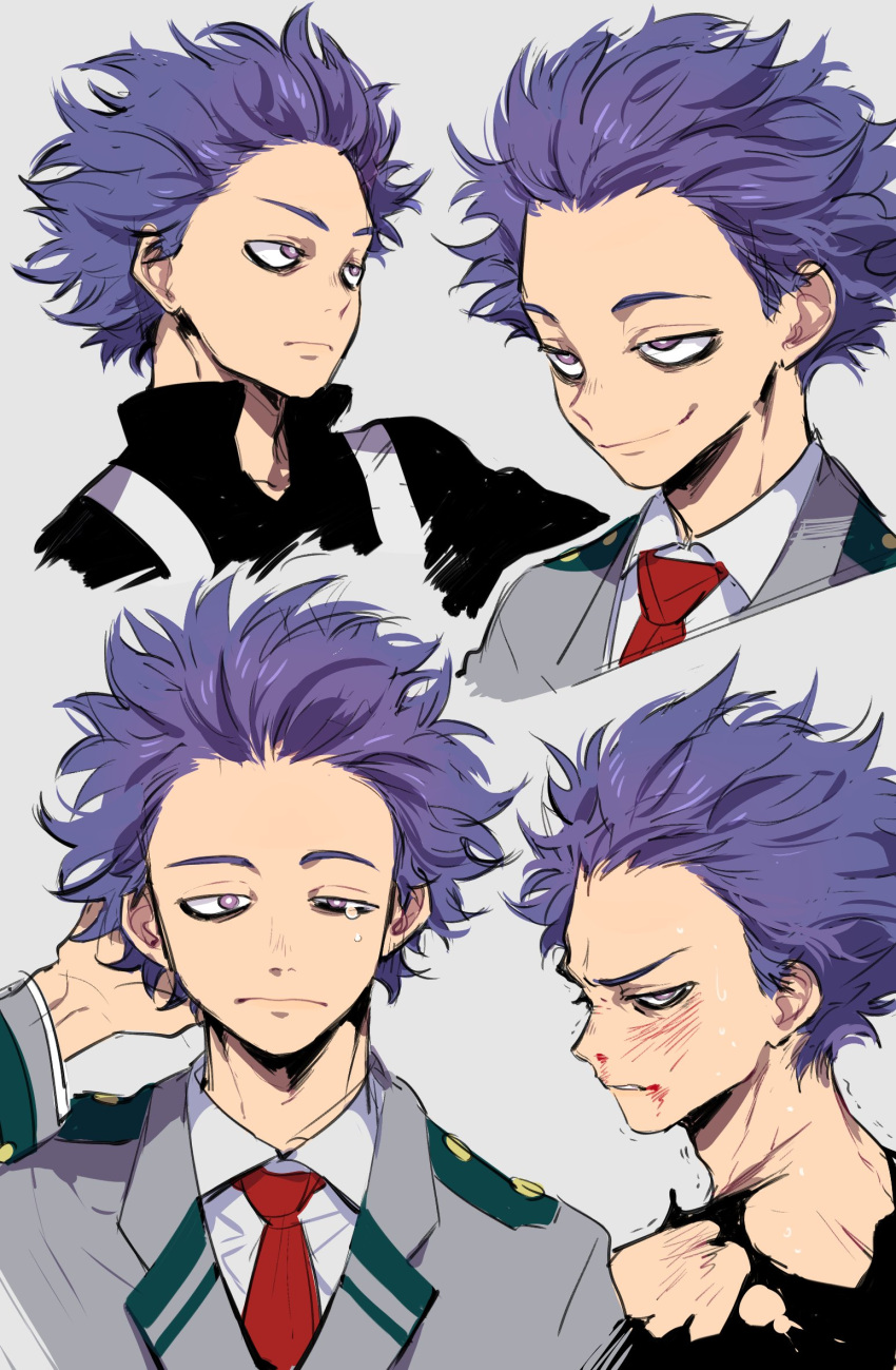 1boy bags_under_eyes blood blue_hair boku_no_hero_academia clenched_teeth face from_side half-closed_eyes highres looking_at_viewer mamao2 necktie red_necktie school_uniform shinsou_hitoshi smile smirk solo sweat tears teeth torn_clothes track_suit upper_body violet_eyes