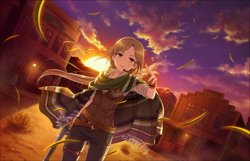 1girl arm_up artist_request bandolier bangs barrel belt brown_hair brown_vest buckle building bullet buttons closed_mouth clouds cloudy_sky collarbone collared_shirt dusk dutch_angle eyebrows_visible_through_hair eyelashes fingerless_gloves fringe glint gloves grass ground gun headset holding holding_gun holding_weapon horizon idolmaster idolmaster_cinderella_girls idolmaster_cinderella_girls_starlight_stage ijuuin_megumi lantern lips long_hair long_sleeves looking_at_viewer mountain mountainous_horizon official_art pants parted_bangs pocket purple_sky reaching_out shirt sky sleeves_pushed_up sleeves_rolled_up solo standing sun sunlight sunset tassel thigh_gap thigh_strap unbuttoned unbuttoned_shirt very_long_hair vest weapon western white_shirt wind wind_lift wing_collar wooden_box yellow_eyes