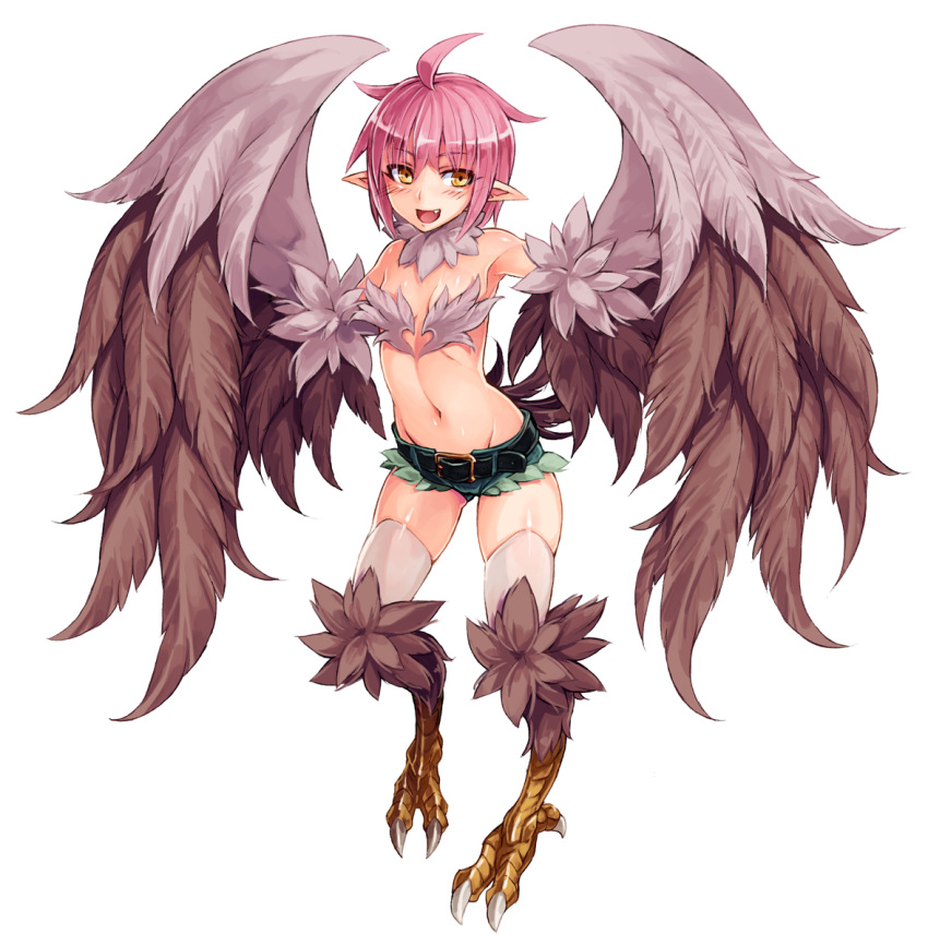 1girl :d ahoge armpits bare_shoulders belt blush breasts claws collar fang feathered_wings feathers full_body fur groin harpy harpy_(monster_girl_encyclopedia) highres kenkou_cross looking_at_viewer midriff monster_girl monster_girl_encyclopedia navel open_mouth pink_hair pointy_ears revision short_hair short_shorts shorts small_breasts smile solo tail talons thigh-highs wings yellow_eyes