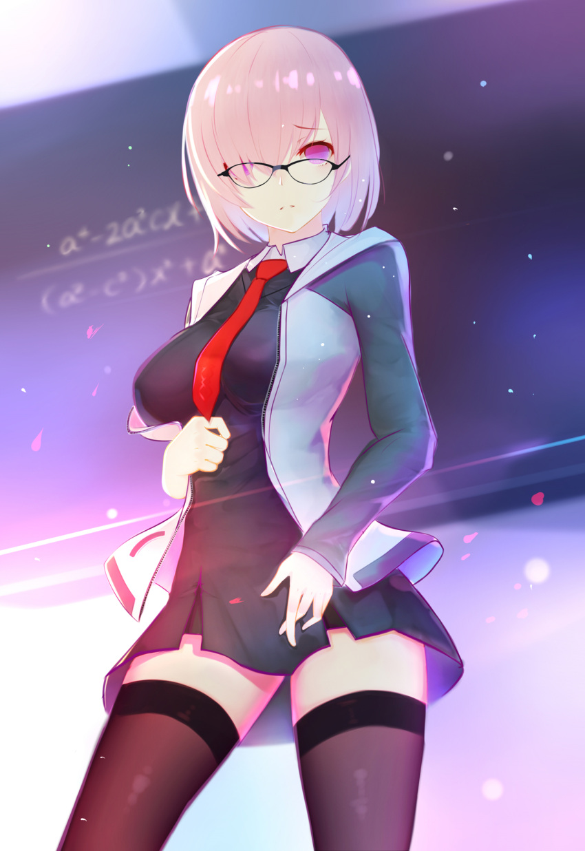 1girl alternate_legwear black_dress black_legwear breasts chalkboard dress fate/grand_order fate_(series) glasses hair_over_one_eye highres jacket kugutsu_(961598140) large_breasts lavender_hair looking_at_viewer math necktie open_clothes open_jacket petals shielder_(fate/grand_order) short_dress short_hair solo thigh-highs violet_eyes zettai_ryouiki