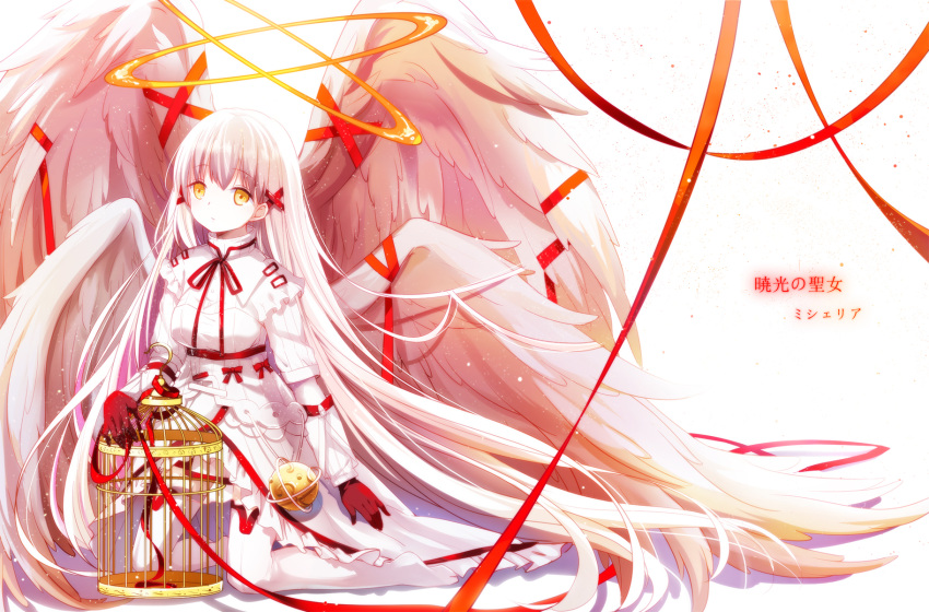 1girl absurdly_long_hair angel_wings bangs birdcage breasts cage character_request closed_mouth expressionless feathered_wings full_body gloves hahahamu hair_ornament halo highres kneeling long_hair long_sleeves looking_at_viewer medium_breasts merc_storia neck_ribbon pale_skin red_gloves red_ribbon ribbon solo very_long_hair white_hair white_wings wings x_hair_ornament yellow_eyes