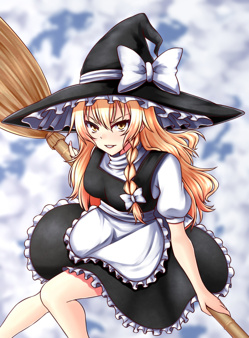 &gt;:) 1girl above_clouds apron black_dress blonde_hair blurry bow braid breasts broom broom_riding depth_of_field dress frilled_dress frills grin hair_between_eyes hair_bow hat hat_bow highres kirisame_marisa looking_at_viewer medium_breasts puffy_short_sleeves puffy_sleeves short_sleeves side_braid smile solo touhou tsurime waist_apron white_bow witch_hat yellow_eyes zeramu