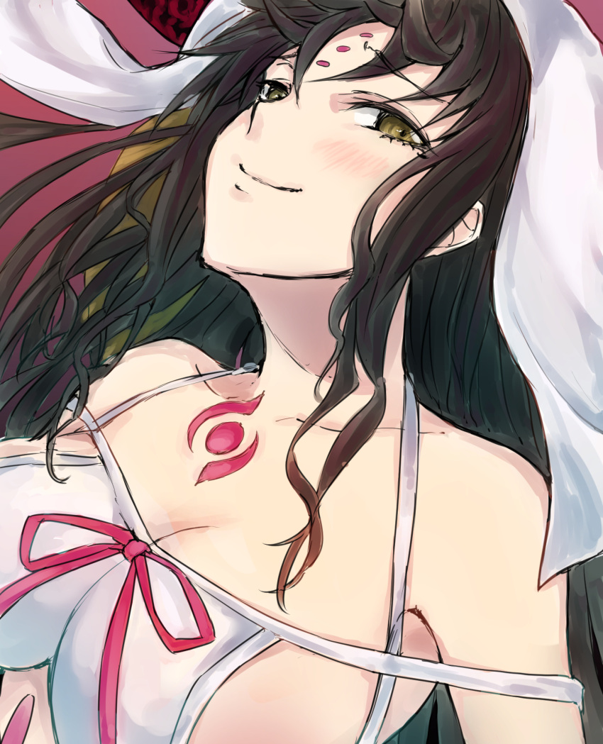 1girl armpits bare_shoulders black_hair blush breasts brown_eyes cleavage closed_mouth collarbone facial_mark fate/extra fate/extra_ccc fate_(series) forehead_mark highres horns large_breasts long_hair looking_at_viewer pink_ribbon ribbon sataking sesshouin_kiara smile solo upper_body veil wavy_hair