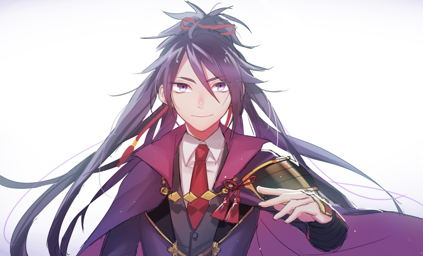 1boy armor black_hair cape fudou_yukimitsu highres japanese_armor kiwame_(touken_ranbu) long_hair male_focus necktie ponytail purple_hair shoulder_pads smile sode touken_ranbu violet_eyes