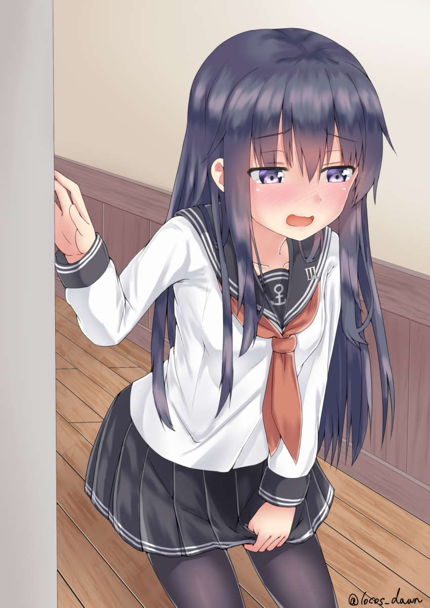 1girl akatsuki_(kantai_collection) black_legwear black_skirt blush eyebrows_visible_through_hair full-face_blush hair_between_eyes have_to_pee highres indoors kantai_collection long_hair long_sleeves neckerchief no_hat no_headwear open_mouth pantyhose pleated_skirt purple_hair red_neckerchief rokosu_(isibasi403) sailor_collar school_uniform serafuku skirt solo twitter_username violet_eyes