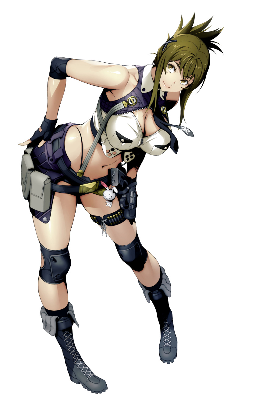 1girl absurdres black_gloves boots breasts cleavage fingerless_gloves full_body gloves green_eyes green_hair gun hand_on_hip handgun highres holster keychain kisaragi_chitose knee_pads large_breasts leaning_forward long_hair midriff official_art pigeon-toed pistol simple_background sleeveless smile solo super_robot_wars super_robot_wars_v thigh_strap watanabe_wataru weapon white_background