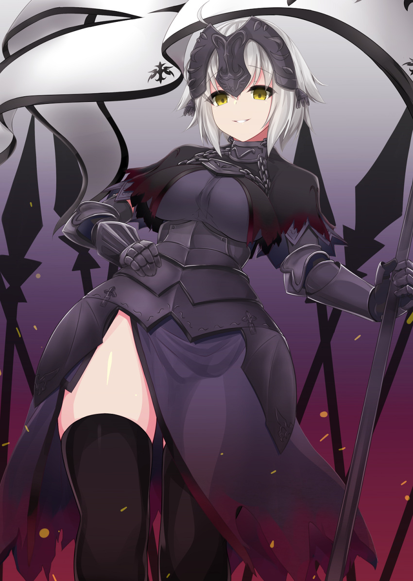 1girl ahoge armor banner black_legwear breasts chains eyebrows_visible_through_hair fate/grand_order fate_(series) flag from_below gauntlets gradient gradient_background hair_between_eyes hand_on_hip headpiece highres holding_flag jeanne_alter kuro_mushi large_breasts parted_lips ruler_(fate/apocrypha) skirt smile solo standing thigh-highs white_hair yellow_eyes
