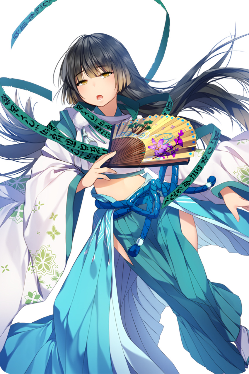 1girl :o apron bangs black_hair blue_ribbon blunt_bangs clothes_writing dutch_angle expressionless eyebrows_visible_through_hair fan floral_print folding_fan geta gradient_hair highres hip_vent hips holding holding_fan japanese_clothes long_hair long_sleeves looking_at_viewer maboroshi_(soccer_spirits) midriff multicolored_hair open_mouth paper_fan pom_pom_(clothes) ribbon sandals soccer_spirits solo standing sukja tabi tassel transparent_background very_long_hair waist_apron white_legwear wide_sleeves yellow_eyes