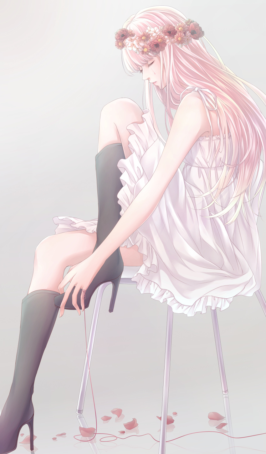 1girl absurdres boots breasts chair closed_eyes crying dress frilled_dress frills fringe full_body head_wreath high_heel_boots high_heels highres hikako0303 just_be_friends_(vocaloid) knee_boots knee_up long_hair megurine_luka pale_skin petals pink_hair red_string reflection short_dress simple_background sitting sleeveless sleeveless_dress solo string vocaloid white_dress