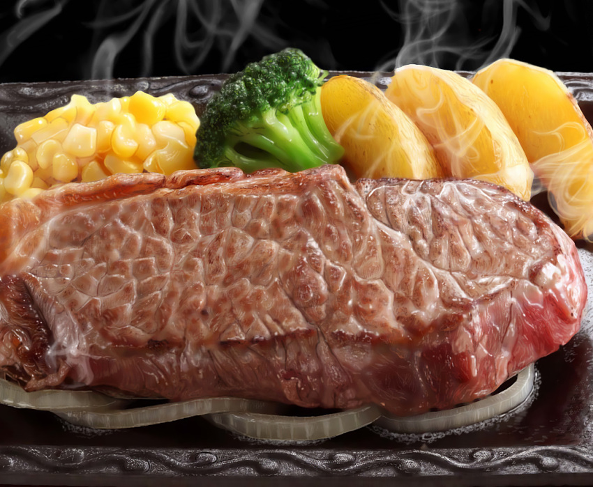 broccoli corn derivative_work food hokkaido_(artist) no_humans onion potato_wedges realistic steak steam