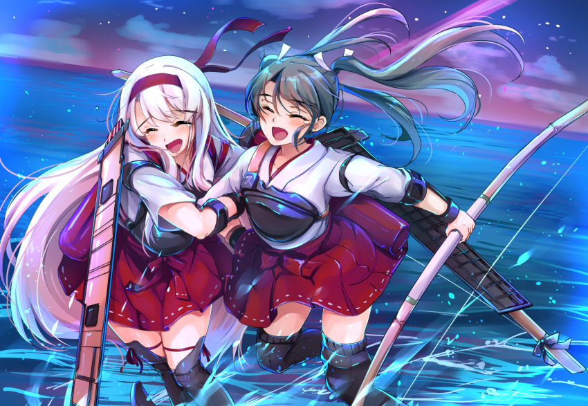 2girls an_jera blush boots bow bracer closed_eyes eyebrows_visible_through_hair flight_deck grey_hair hair_between_eyes hair_ribbon hairband japanese_clothes kantai_collection laughing locked_arms long_hair miko multiple_girls muneate nontraditional_miko ocean open_mouth ribbon running running_on_water shoukaku_(kantai_collection) tears thigh-highs thigh_boots twintails white_hair zuikaku_(kantai_collection)