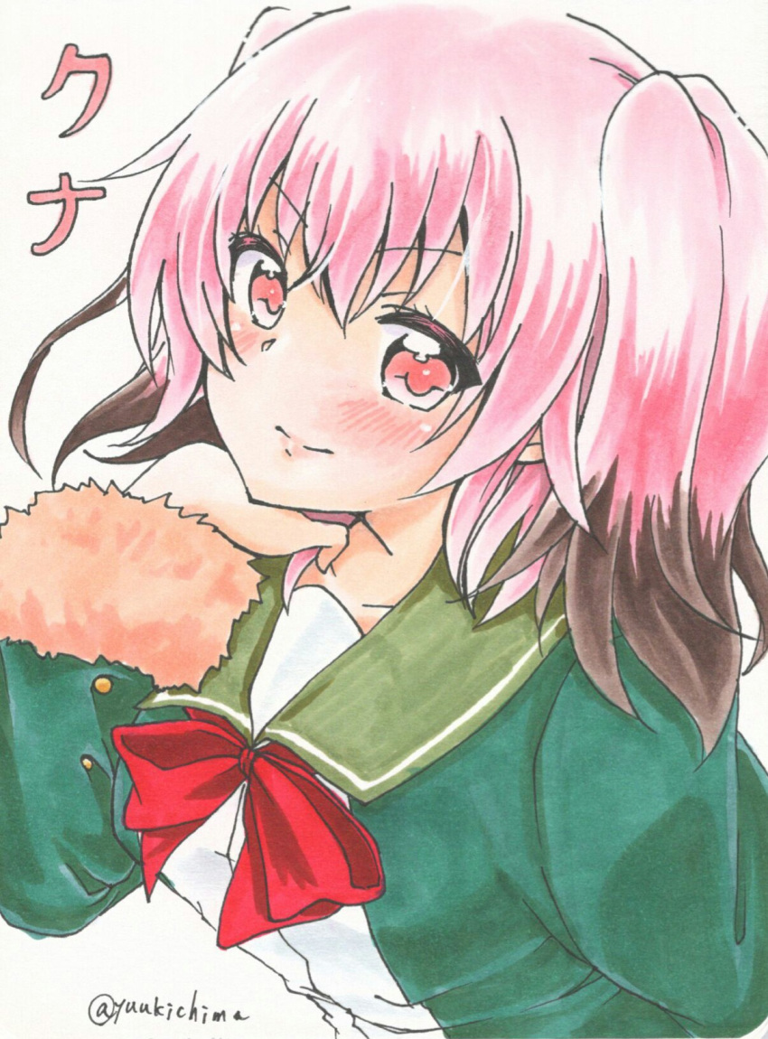 1girl blush bow character_name chin_rest colored_tips fur-trimmed_sleeves fur_trim highres kantai_collection kunashiri_(kantai_collection) leaning_forward lips looking_at_viewer marker_(medium) pink_eyes pink_hair red_bow simple_background solo traditional_media twitter_username two_side_up upper_body white_background yuuki_chima