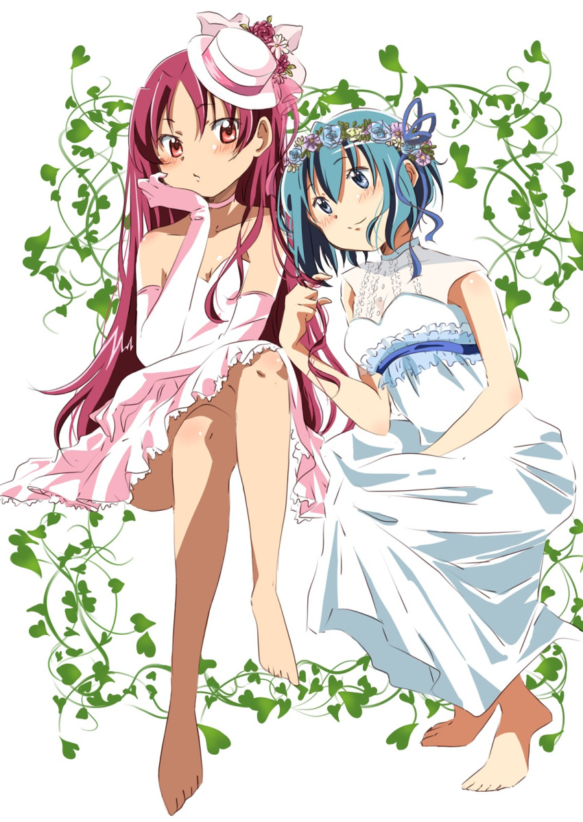 2girls bare_shoulders barefoot blue_eyes blue_hair blush dress flower hair_flower hair_ornament hair_ribbon hat highres leaf long_hair mahou_shoujo_madoka_magica miki_sayaka mini_hat mini_top_hat multiple_girls pink_dress plant playing_with_another's_hair ponytail red_eyes redhead ribbon rino-ichigo sakura_kyouko top_hat vines white_dress yuri