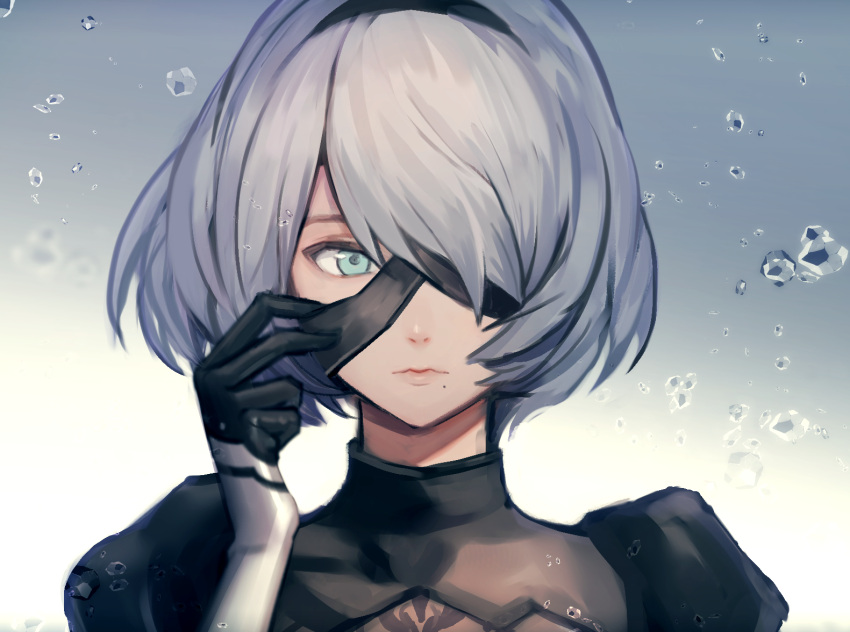 1girl bangs black_dress black_gloves black_hairband blindfold blindfold_slip blue_eyes bob_cut cleavage_cutout closed_mouth dress gloves gradient gradient_background hair_over_one_eye hairband hand_up juliet_sleeves lips long_sleeves looking_at_viewer mole mole_under_mouth nier_(series) nier_automata nohnon nose puffy_sleeves short_hair silver_hair solo turtleneck upper_body vambraces water_drop yorha_no._2_type_b