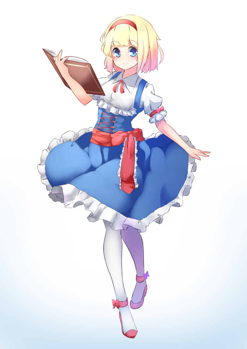 1girl absurdres adapted_costume alice_margatroid arm_garter bangs blonde_hair blue_dress blue_eyes blush capelet closed_mouth dress frilled_dress frills full_body grimoire_of_alice hairband highres looking_at_viewer pantyhose puffy_short_sleeves puffy_sleeves sash short_hair short_sleeves smile solo touhou white_legwear yusake_san