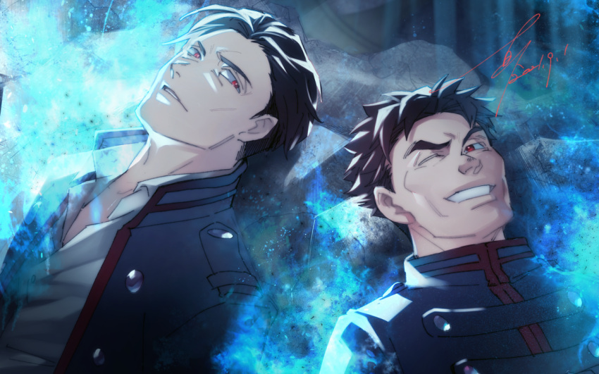 2boys black_hair blue_fire brown_hair burning code_zero_uniform dress_shirt dying fire grin hair_slicked_back jacket light_smile looking_at_another lying maede_yoshinbu makoto1009 male_focus mars_red mature_male military_uniform multiple_boys on_back on_floor one_eye_closed open_clothes open_jacket parted_lips red_eyes rubble shirt short_hair signature smile tokuichi_yamagami uniform white_shirt