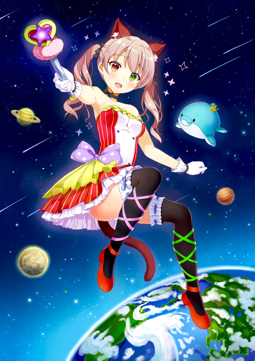 1girl :d absurdres animal_ears bangs bare_arms bare_shoulders black_bow black_choker black_legwear blue_ribbon blush bow breasts brown_hair cat_ears cat_tail choker clouds collarbone crown dress earth eroge-_(artist) eyebrows_visible_through_hair full_body garter_straps gloves green_eyes green_ribbon hair_bow heterochromia highres holding holding_wand jupiter leg_ribbon long_hair looking_at_viewer magical_girl medium_breasts mini_crown open_mouth original panties pantyshot pink_ribbon planet pointing pointing_at_viewer polka_dot polka_dot_bow purple_bow red_dress red_eyes red_footwear ribbon ribbon_choker saturn shiny shiny_hair shooting_star short_dress smile space star strapless strapless_dress striped striped_dress tail thigh-highs twintails underwear wand whale white_gloves white_panties