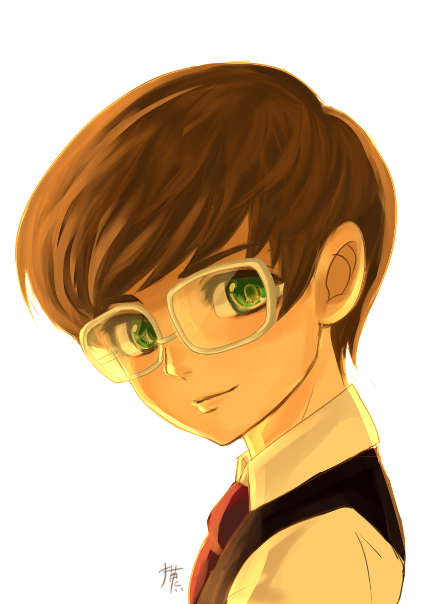 1boy absurdres brown_hair child final_fantasy final_fantasy_xv glasses green_eyes highres ignis_scientia male_focus nekonii smile solo younger