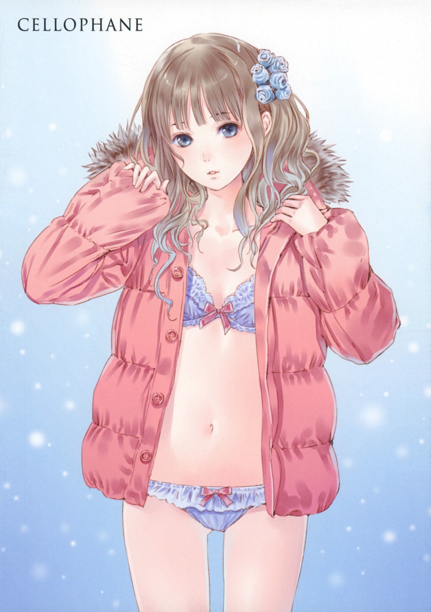 1girl bangs blue_bra blue_eyes blue_panties blunt_bangs blush bow bow_bra bow_panties bra brown_hair buttons coat collarbone copyright_request cowboy_shot flat_chest flower frilled_panties frills fur_collar fur_trim gradient gradient_background hair_flower hair_ornament head_tilt highres kishida_mel lace lace-trimmed_bra light_smile lingerie long_hair long_sleeves looking_at_viewer navel open_clothes open_coat panties parted_lips pink_coat pink_ribbon red_bow ribbon scan sleeves_past_wrists snowing solo standing stomach unbuttoned underwear wavy_hair winter_clothes winter_coat